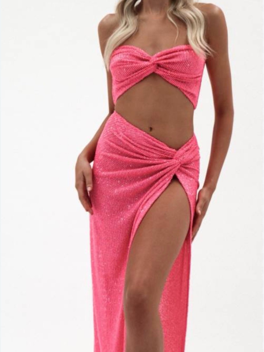 Natalie Rolt  Twist Front Pink Two-Piece Maxi Set